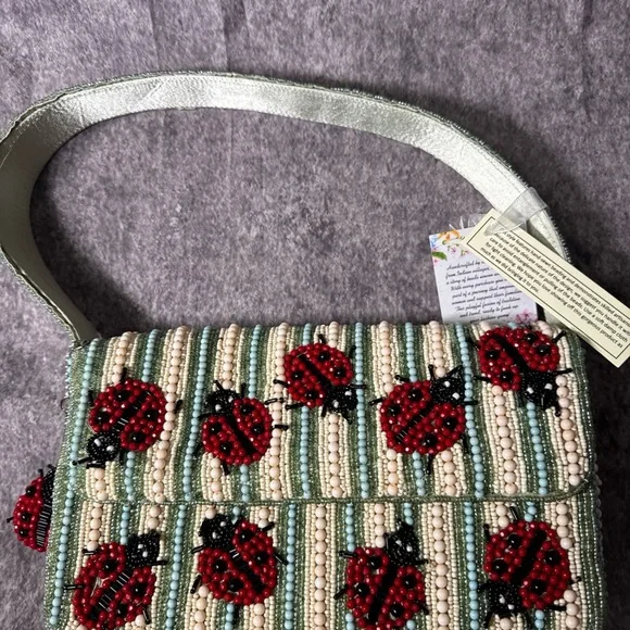 Handcrafted In India Beaded Striped Lady Bug Bag w Charm Viral NWT - Picture 2 of 5